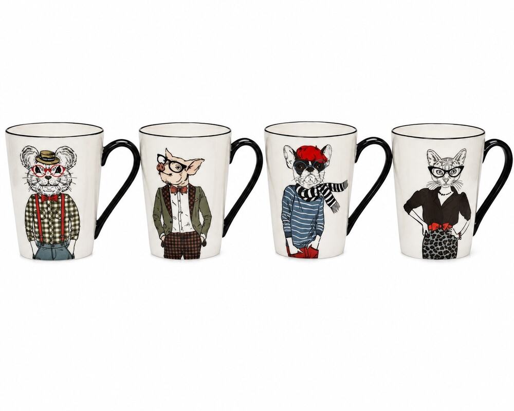 Signature Houseware Hipster Animal Mugs Set of 4 Cat Dog Pig Mouse Stoneware EUC
